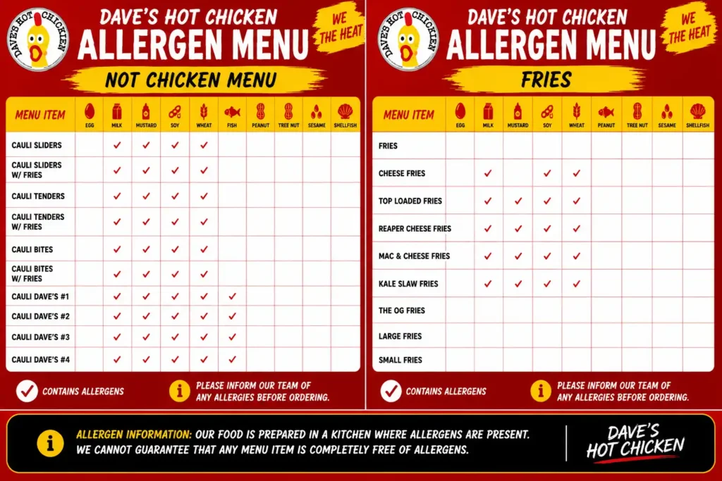 Dave’s Hot Chicken fries & not chicken allergen menu