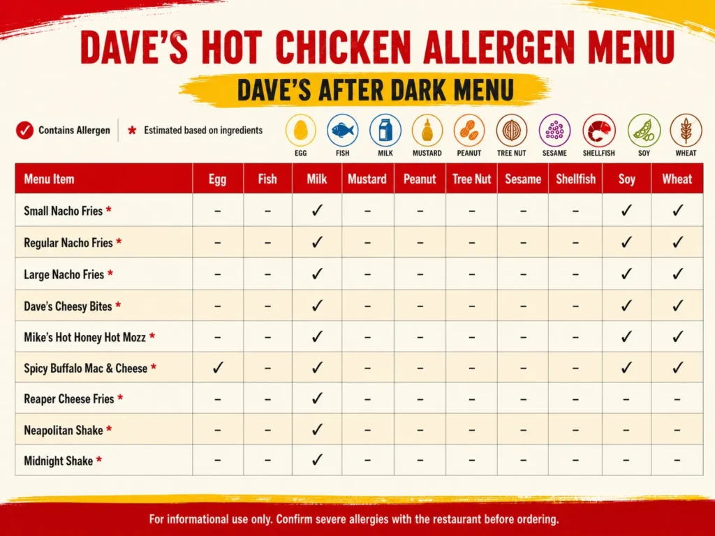 Dave’s Hot Chicken night menu allergen info