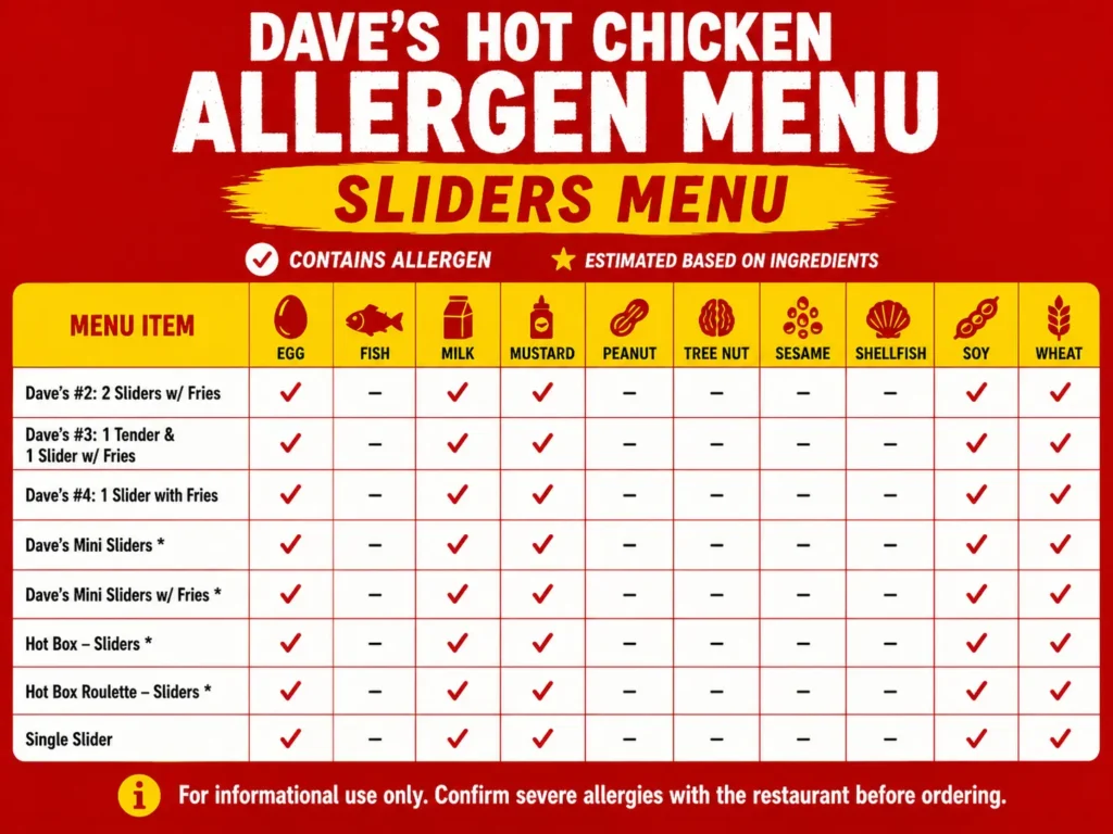 Dave’s Hot Chicken sliders allergen menu