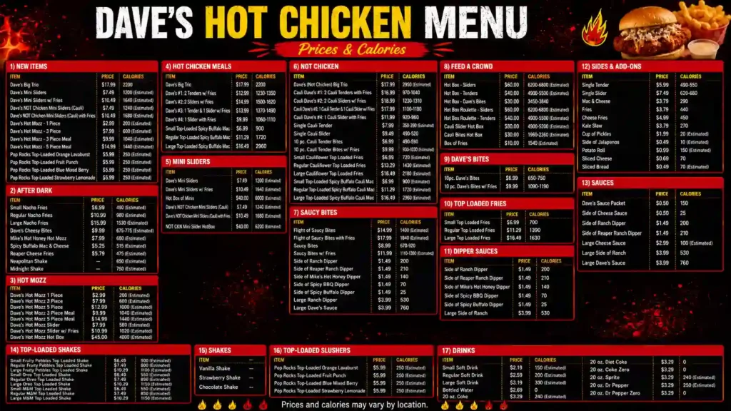 full dave's hot chicken menu with prices and calories