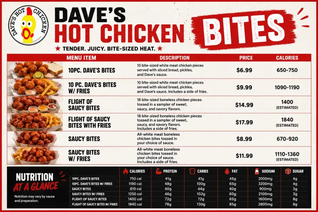 Dave’s Hot Chicken Bites Menu with prices